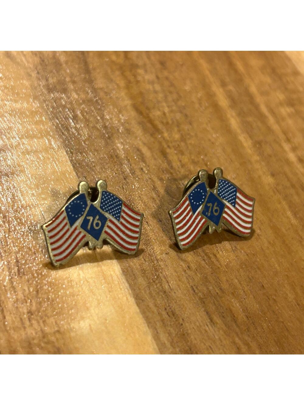 Vintage 1976 USA Bicentennial Lapel Pins, Pair of Dual American Flag Enamel Pins